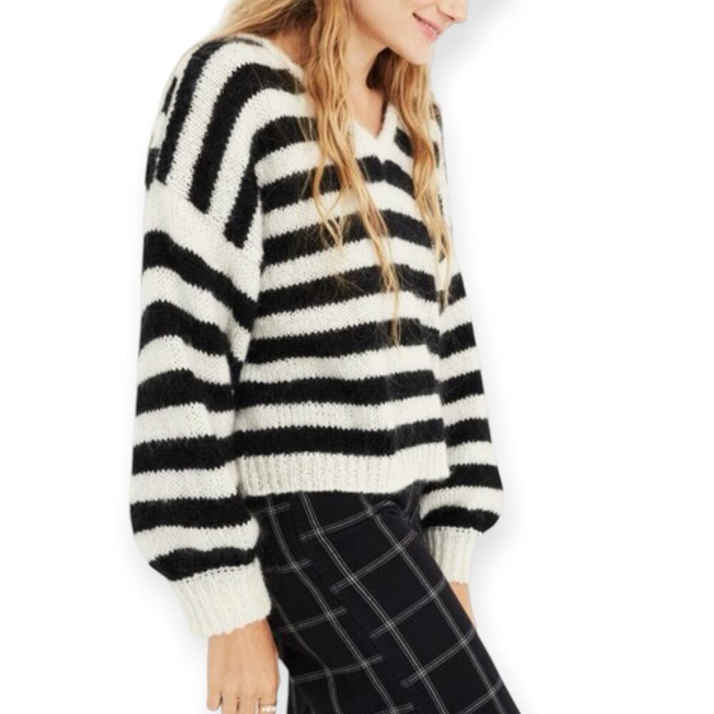 Madewell Ballon Sleeve Pullover Striped Sweater Size Small Alpaca Wool
